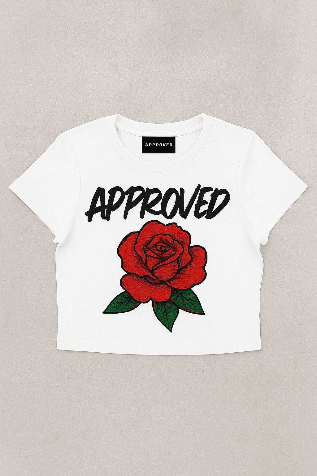 "Approved" Rose Graffiti Crop Tee (White - Women's)