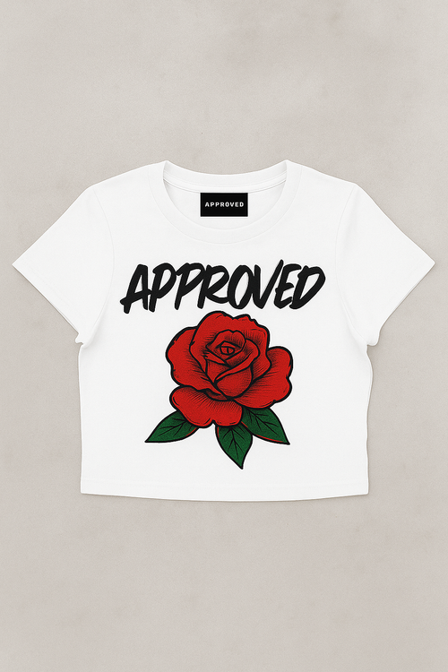 "Approved" Rose Graffiti Crop Tee (White - Women's)