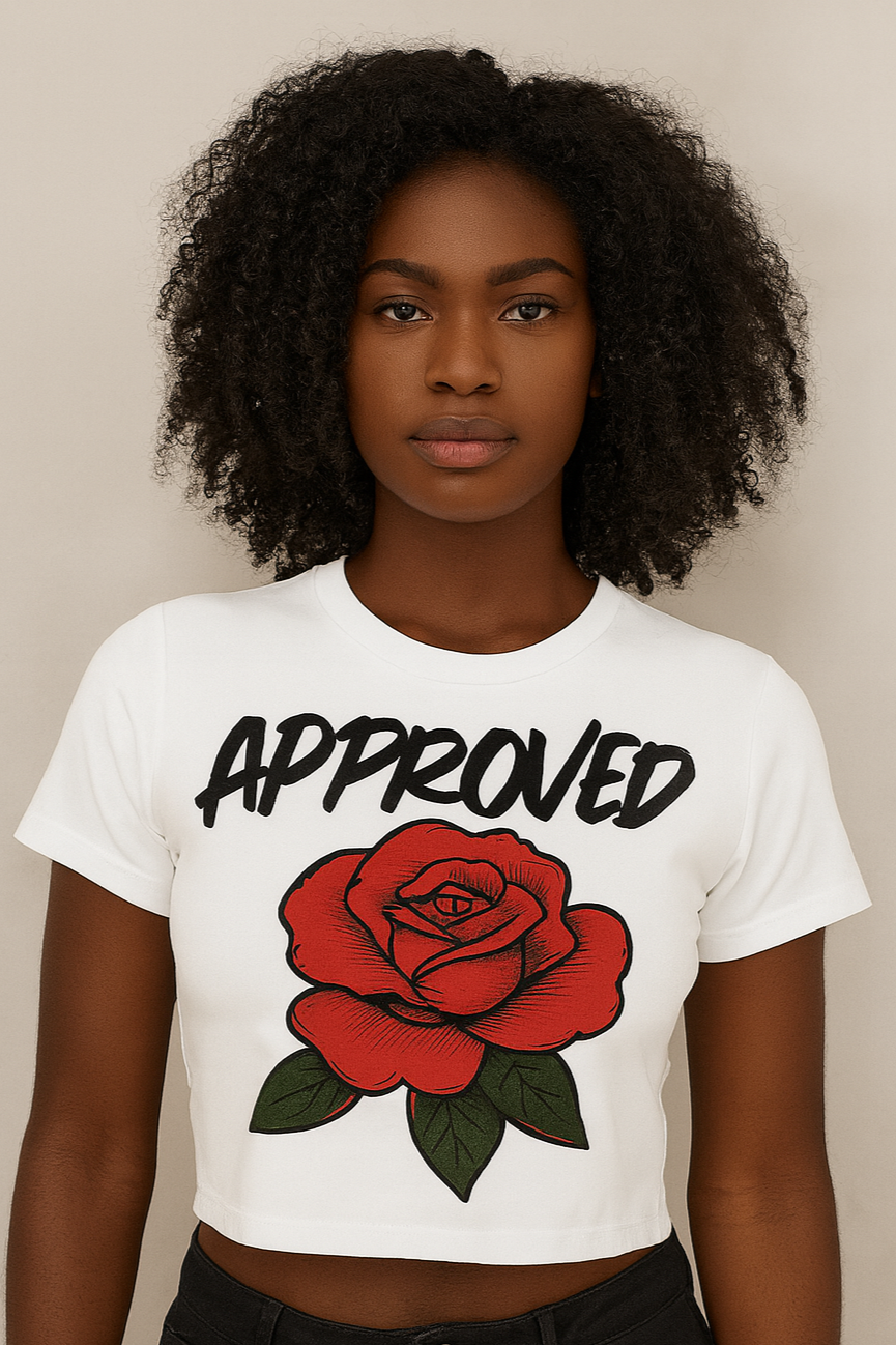 "Approved" Rose Graffiti Crop Tee (White - Women's)