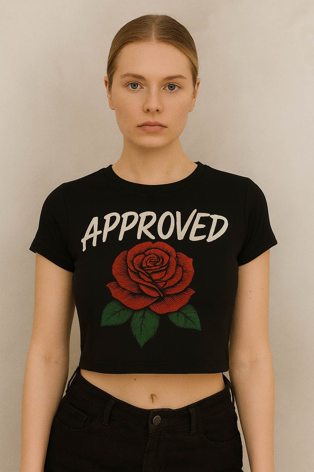 Approved" Rose Graffiti Crop Tee (Black - Women's)